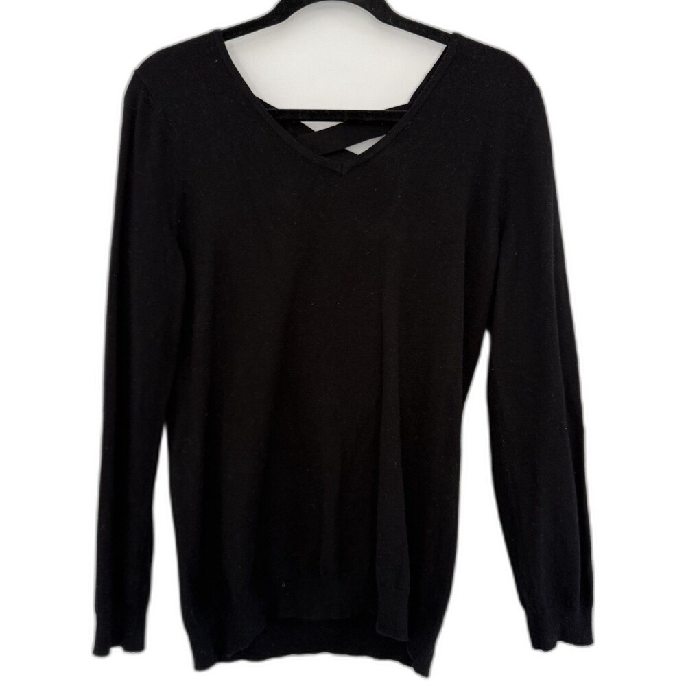 LOVE, ELLIE Knit Pullover Sweater Black Criss Cross Back V-Neck Long Sleeve M